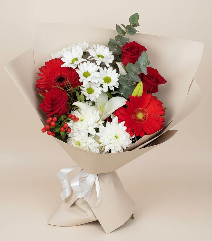 Букет цветов из: Розы, Хризантемы, Герберы и Лилии в Калачеевском